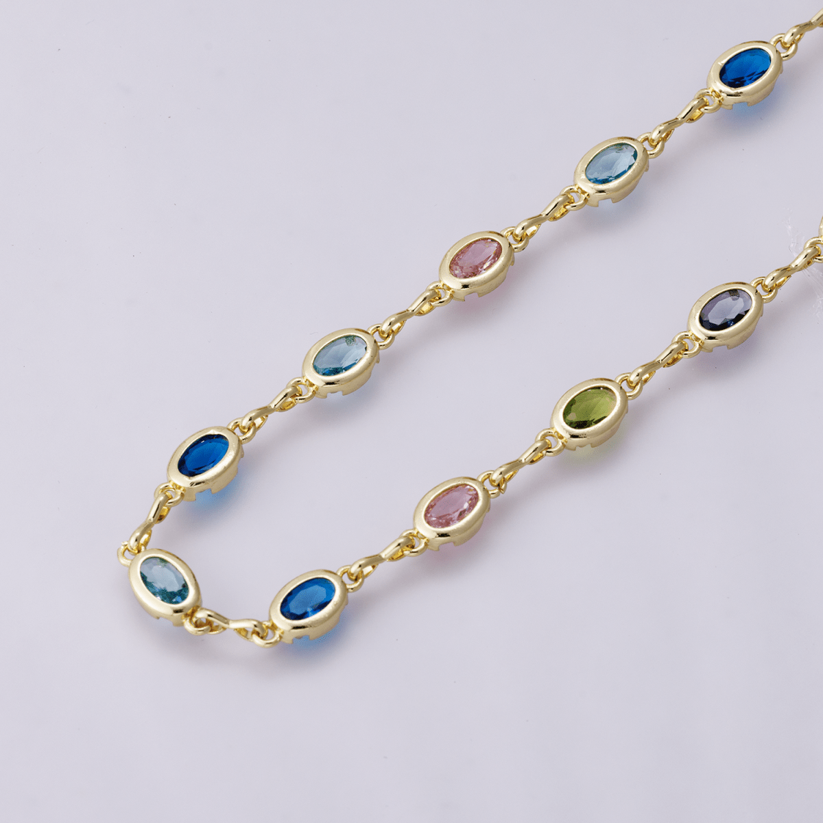 14K Gold Filled 5.3mm Multicolor CZ Oval Bezel Gemstone Unfinished Chain by Yard | Roll - 01850 - DLUXCA