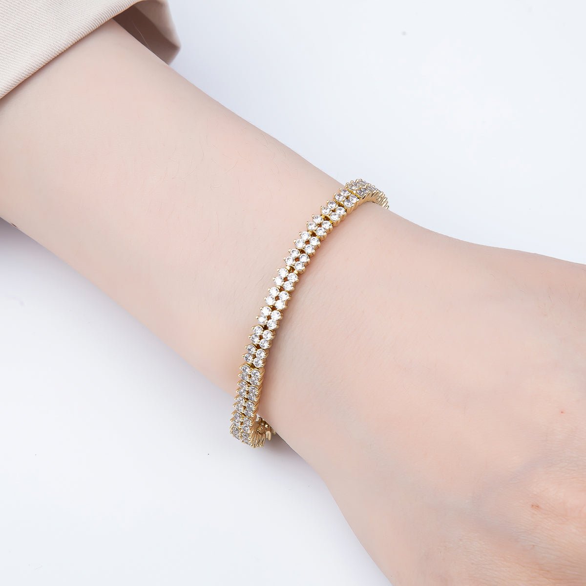 14K Gold Filled 5mm Clear CZ Double Row Clover Tennis Chain 7 Inch Adjustable Bracelet | WA-04631 - DLUXCA