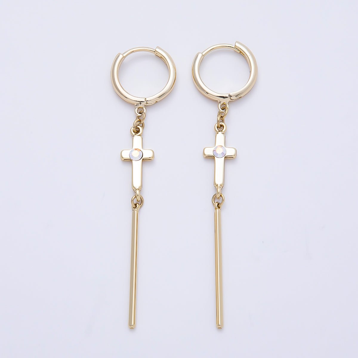 14K Gold Filled 60mm Iridescent AB, Clear CZ Religious Cross Bar Drop Huggie Earrings | Earrings-00648 - DLUXCA