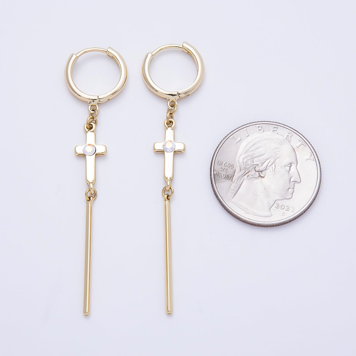 14K Gold Filled 60mm Iridescent AB, Clear CZ Religious Cross Bar Drop Huggie Earrings | Earrings-00648 - DLUXCA