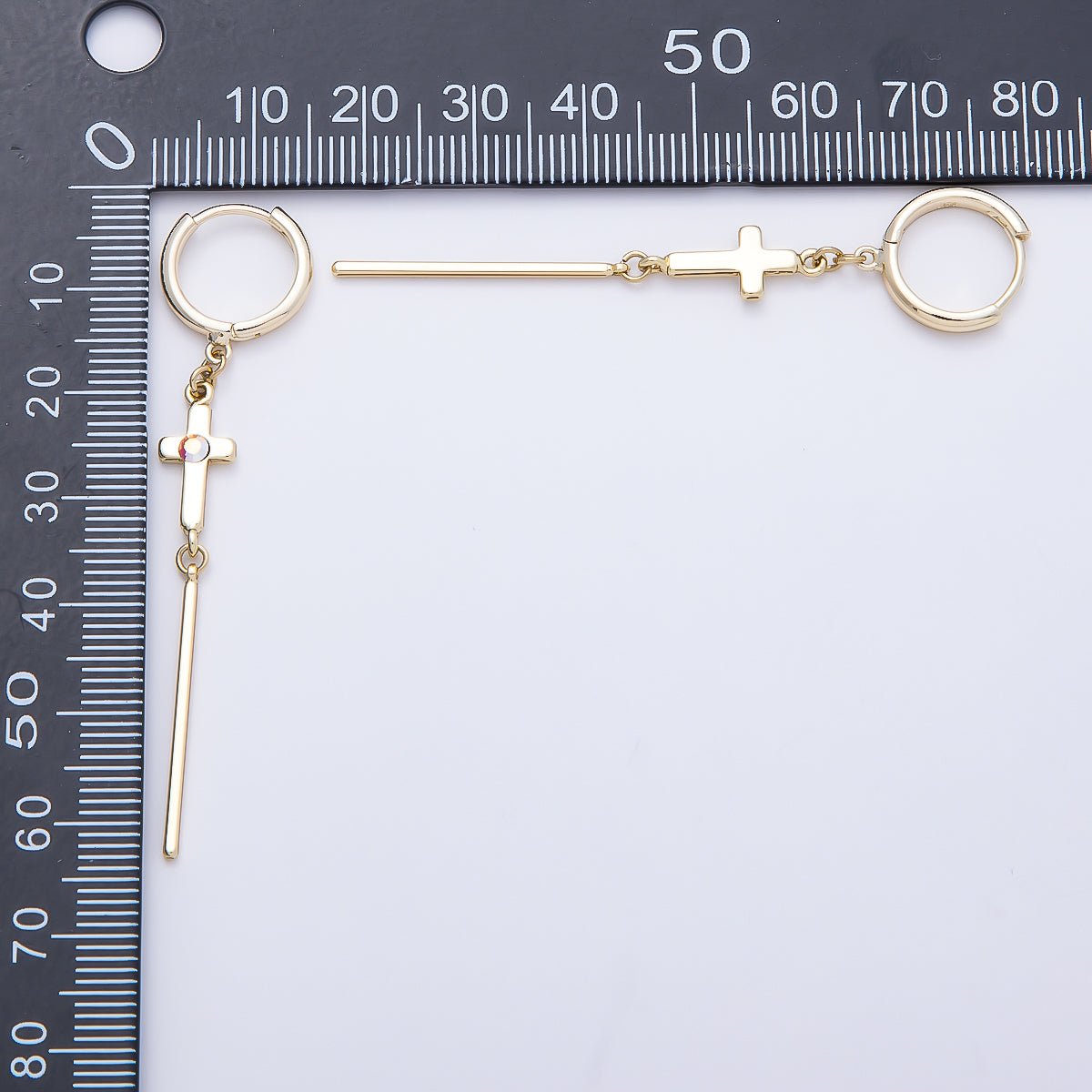 14K Gold Filled 60mm Iridescent AB, Clear CZ Religious Cross Bar Drop Huggie Earrings | Earrings-00648 - DLUXCA
