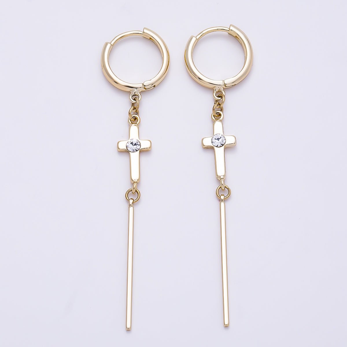 14K Gold Filled 60mm Iridescent AB, Clear CZ Religious Cross Bar Drop Huggie Earrings | Earrings-00648 - DLUXCA