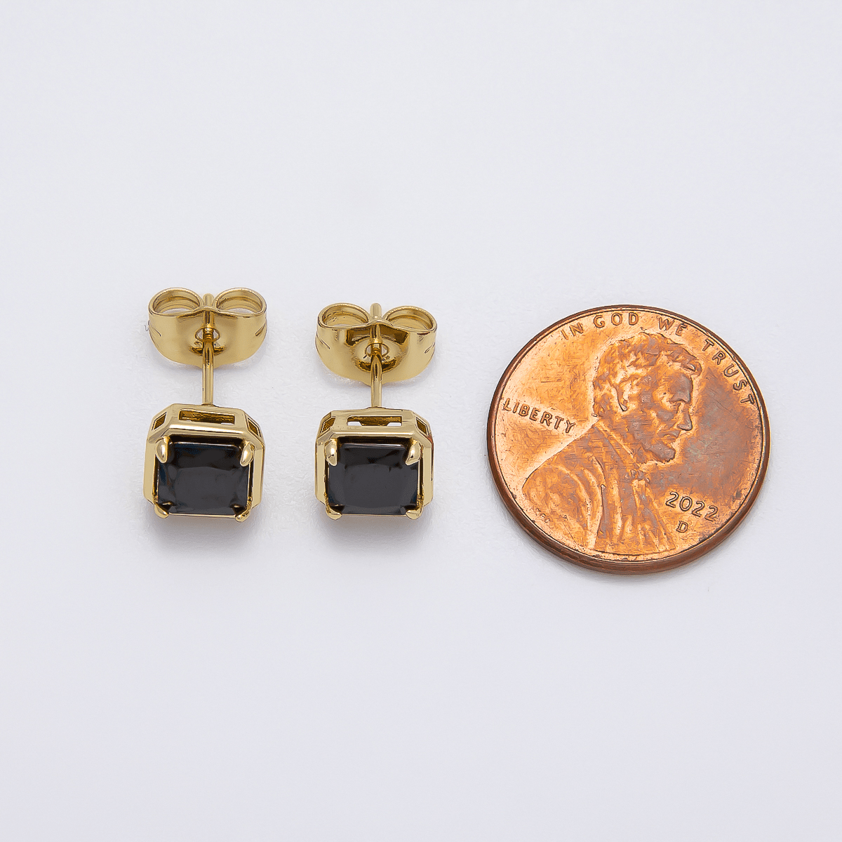 14K Gold Filled 7.5mm Black Baguette Square CZ Bezel Stud Earrings | Earrings - 00279 - DLUXCA