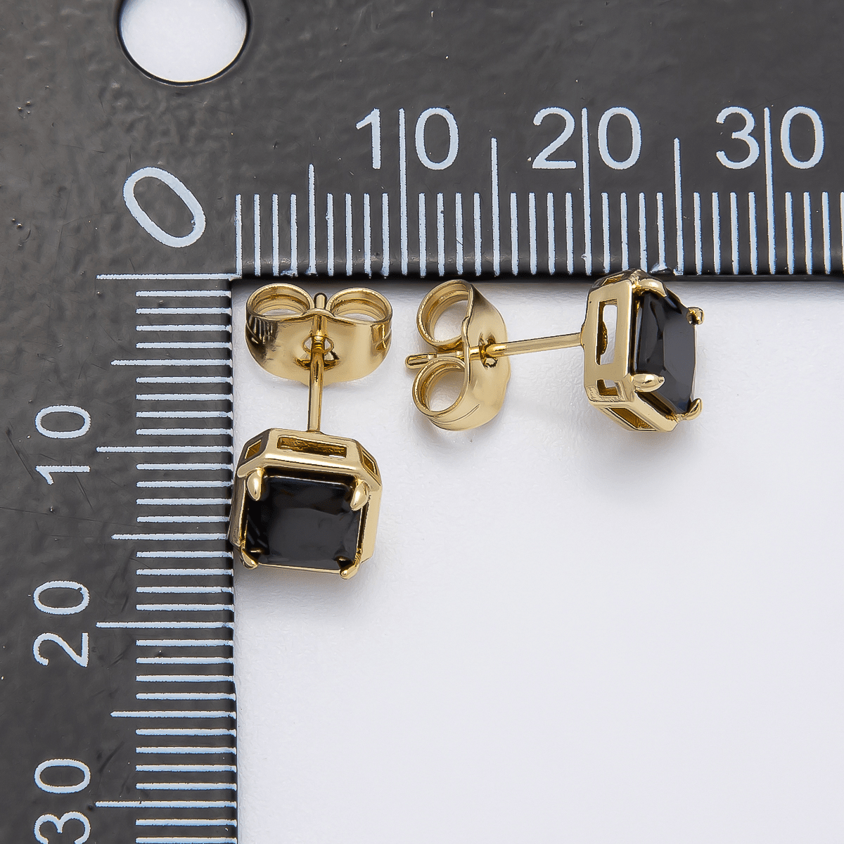 14K Gold Filled 7.5mm Black Baguette Square CZ Bezel Stud Earrings | Earrings - 00279 - DLUXCA