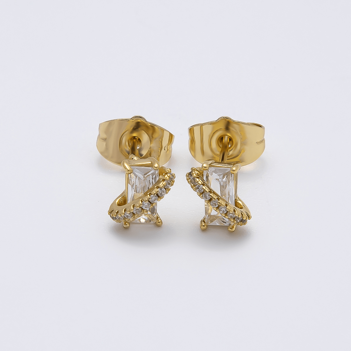 14K Gold Filled 7mm Clear Baguette Micro Paved CZ Mini Stud Earrings | Earrings - 00280 - DLUXCA