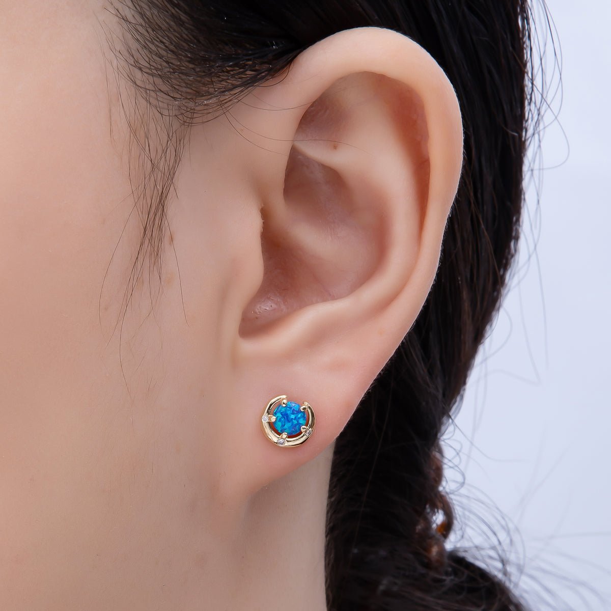 14K Gold Filled 8mm White, Blue Opal Clear CZ Dotted Curved Round Bezel Stud | Earrings-00464 Earrings-00465 - DLUXCA