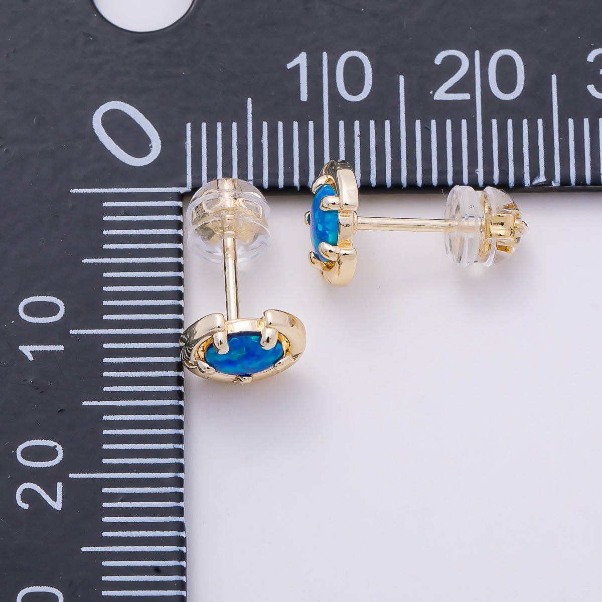 14K Gold Filled 8mm White, Blue Opal Clear CZ Dotted Curved Round Bezel Stud | Earrings-00464 Earrings-00465 - DLUXCA