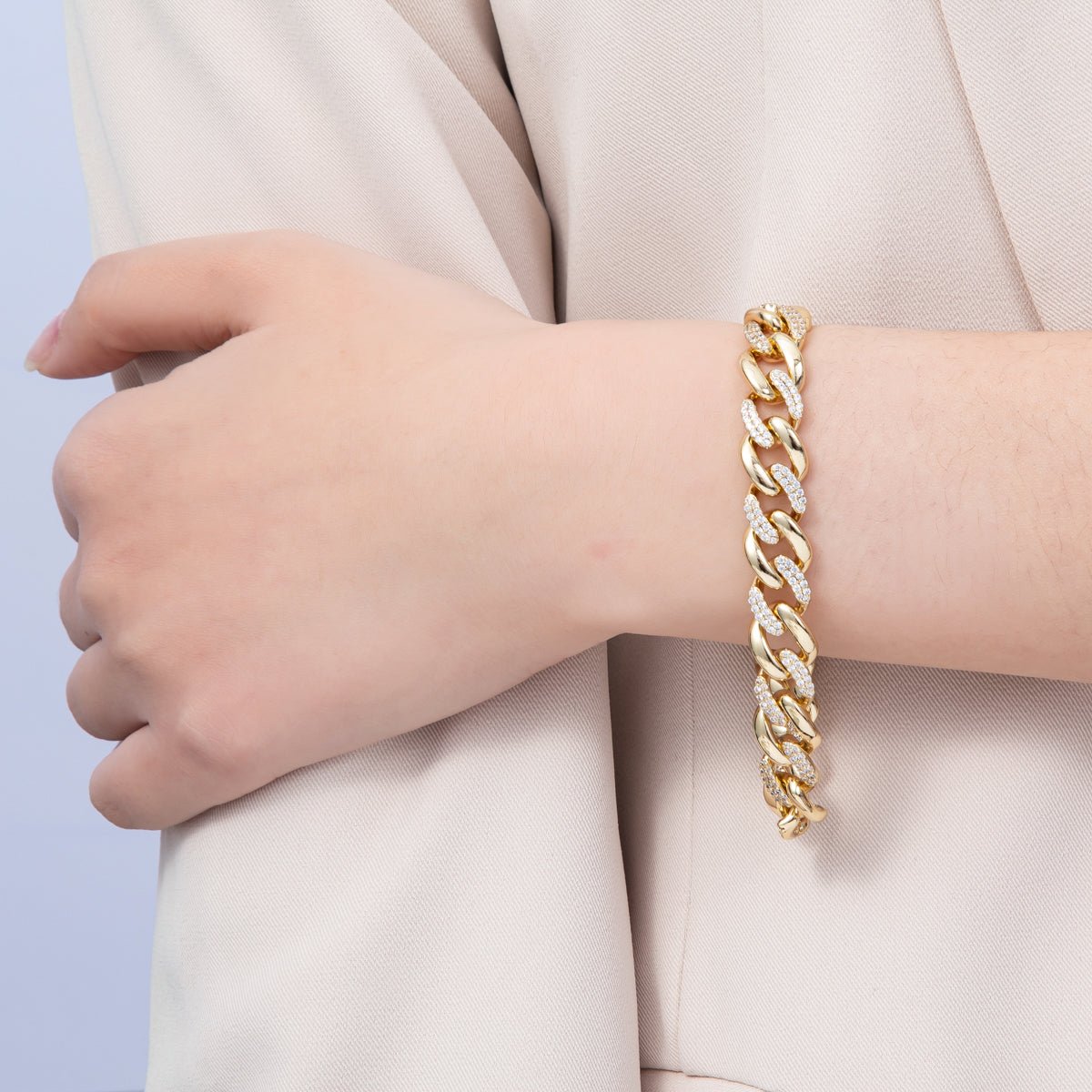 14K Gold Filled 9.9mm Micro Paved CZ Curb Chain 8 Inch Bracelet | WA - 4098 - DLUXCA