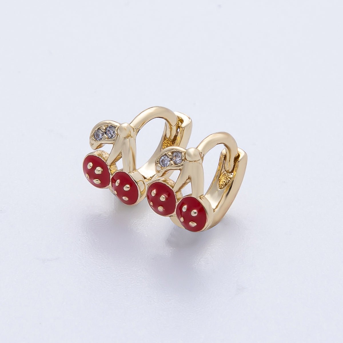 14K Gold Filled 9mm Cherry Fruit Enamel Micro Paved Huggie Earrings | Earrings - 00086 - DLUXCA