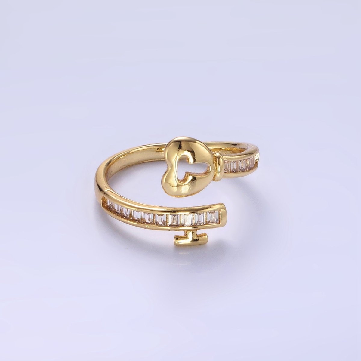 14K Gold Filled Baguette CZ Lined Heart Padlock Ring | O1379 - DLUXCA