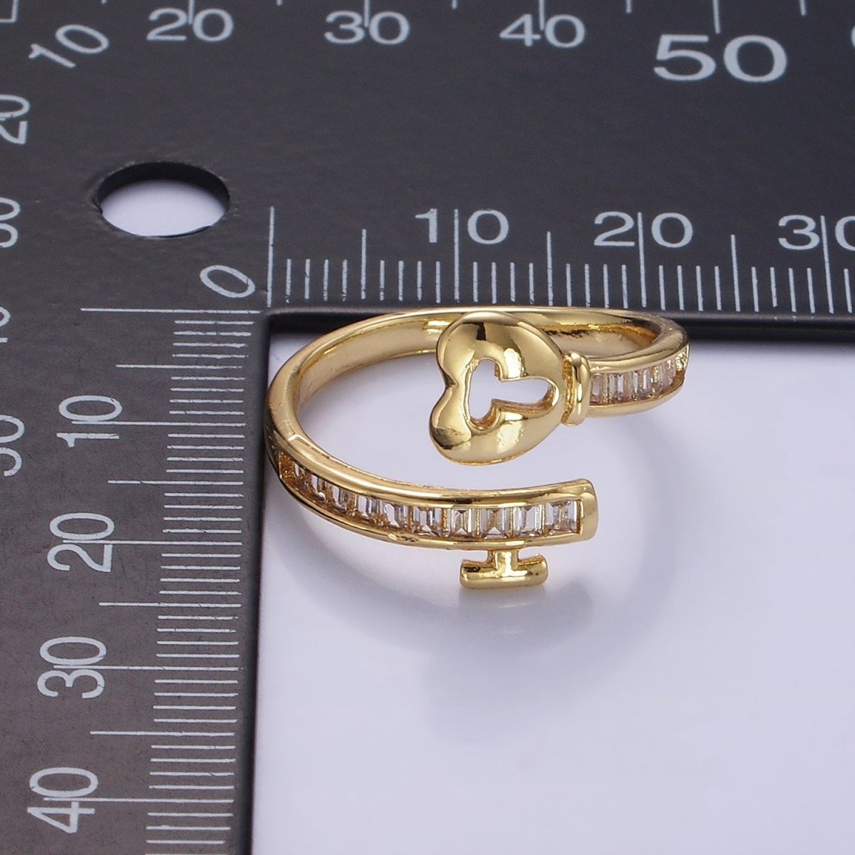 14K Gold Filled Baguette CZ Lined Heart Padlock Ring | O1379 - DLUXCA