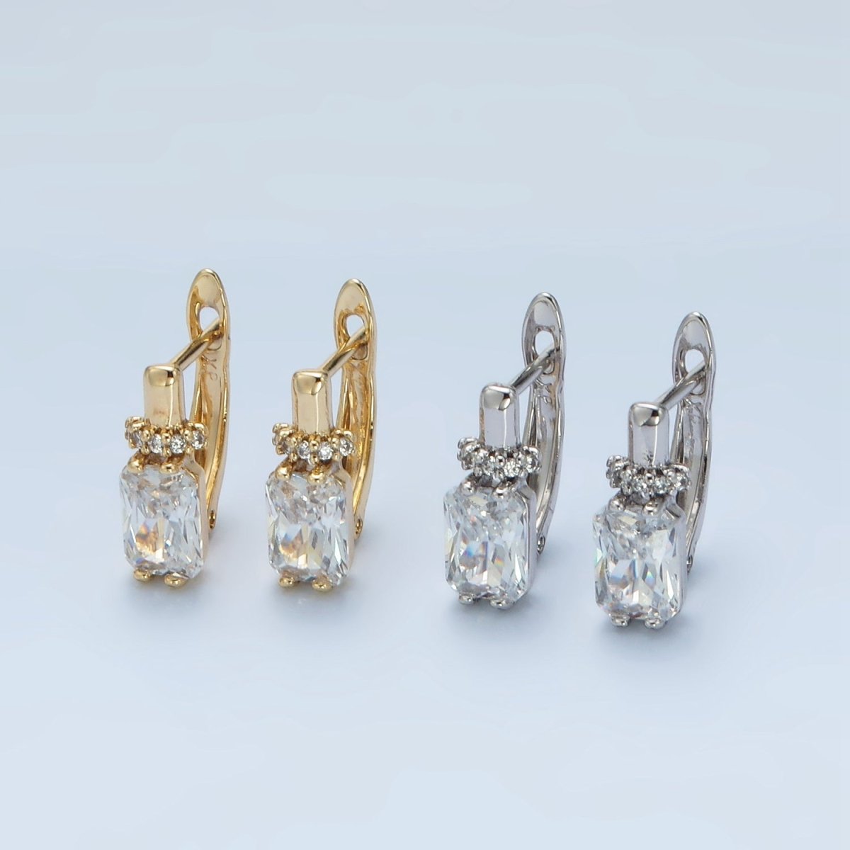 14K Gold Filled Baguette CZ Micro Paved English Lock Hoop Earrings in Gold & Silver | AB1243 AB1244 - DLUXCA