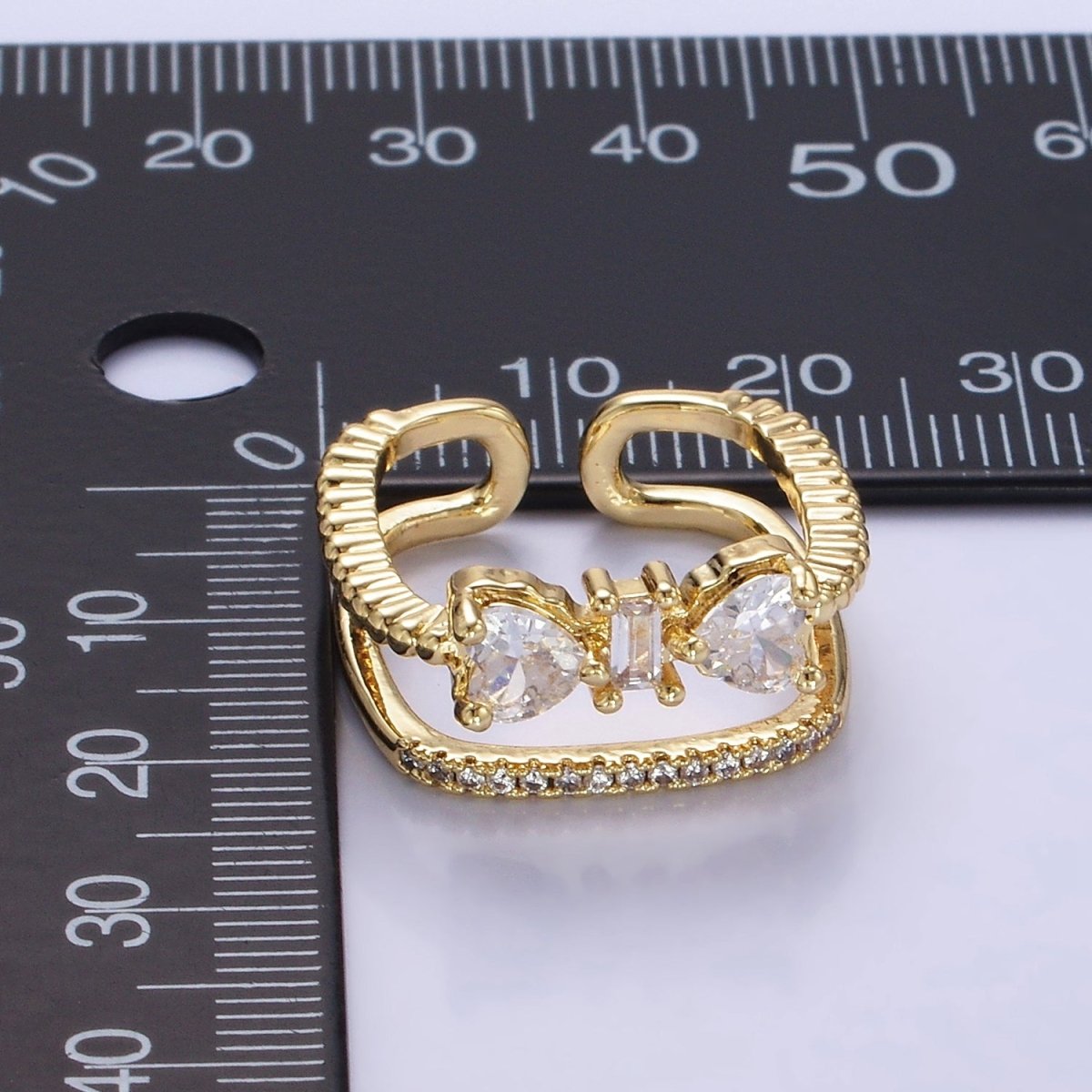 14K Gold Filled Baguette Heart CZ Micro Paved Double Band Ring | O1380 - DLUXCA