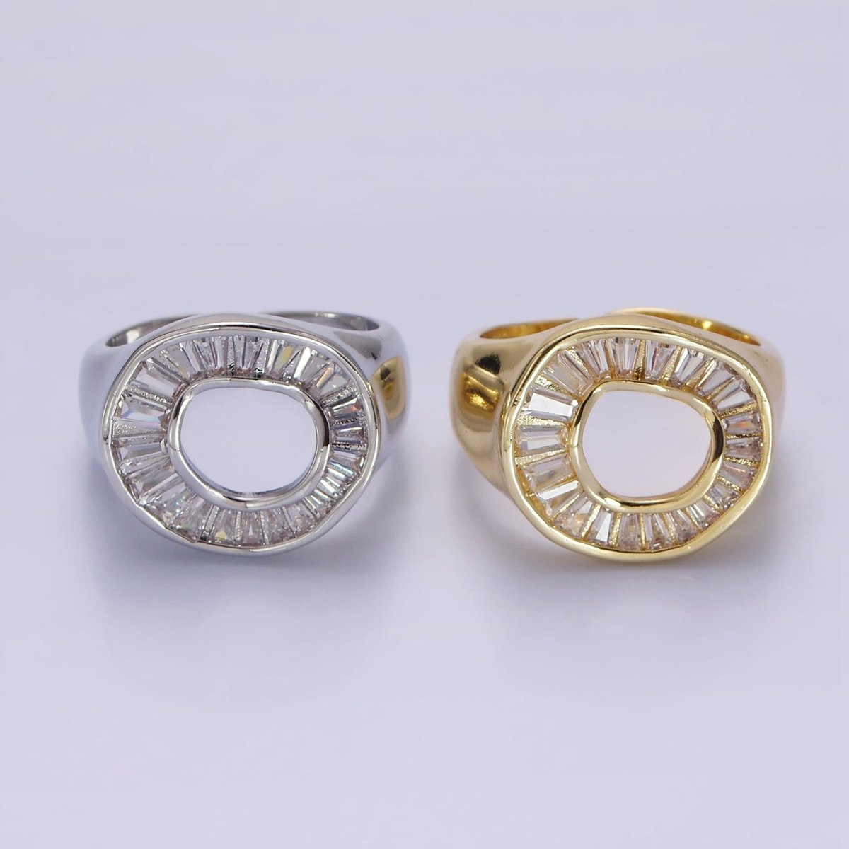 14K Gold Filled Baguette Lined Open Round Signet Ring in Gold & Silver | R213 R214 - DLUXCA