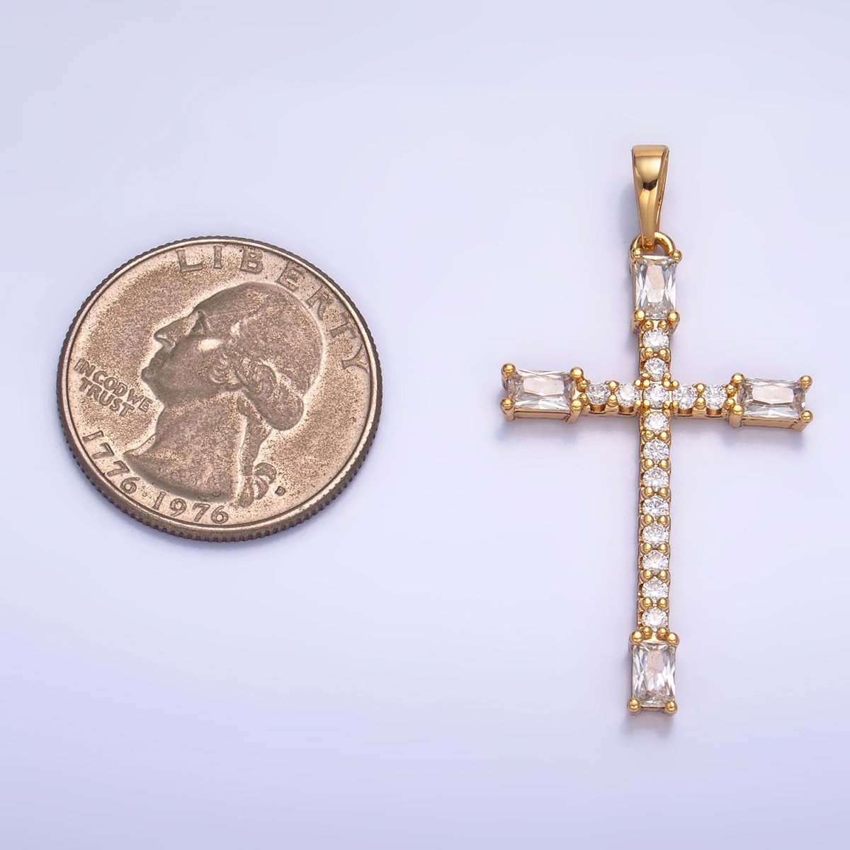 14K Gold Filled Baguette Micro Paved CZ Religious Cross Pendant | AA1070 - DLUXCA