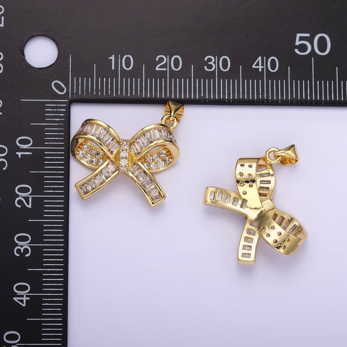 14K Gold Filled Baguette Micro Paved CZ Ribbon Bow Pendant | H136 - DLUXCA