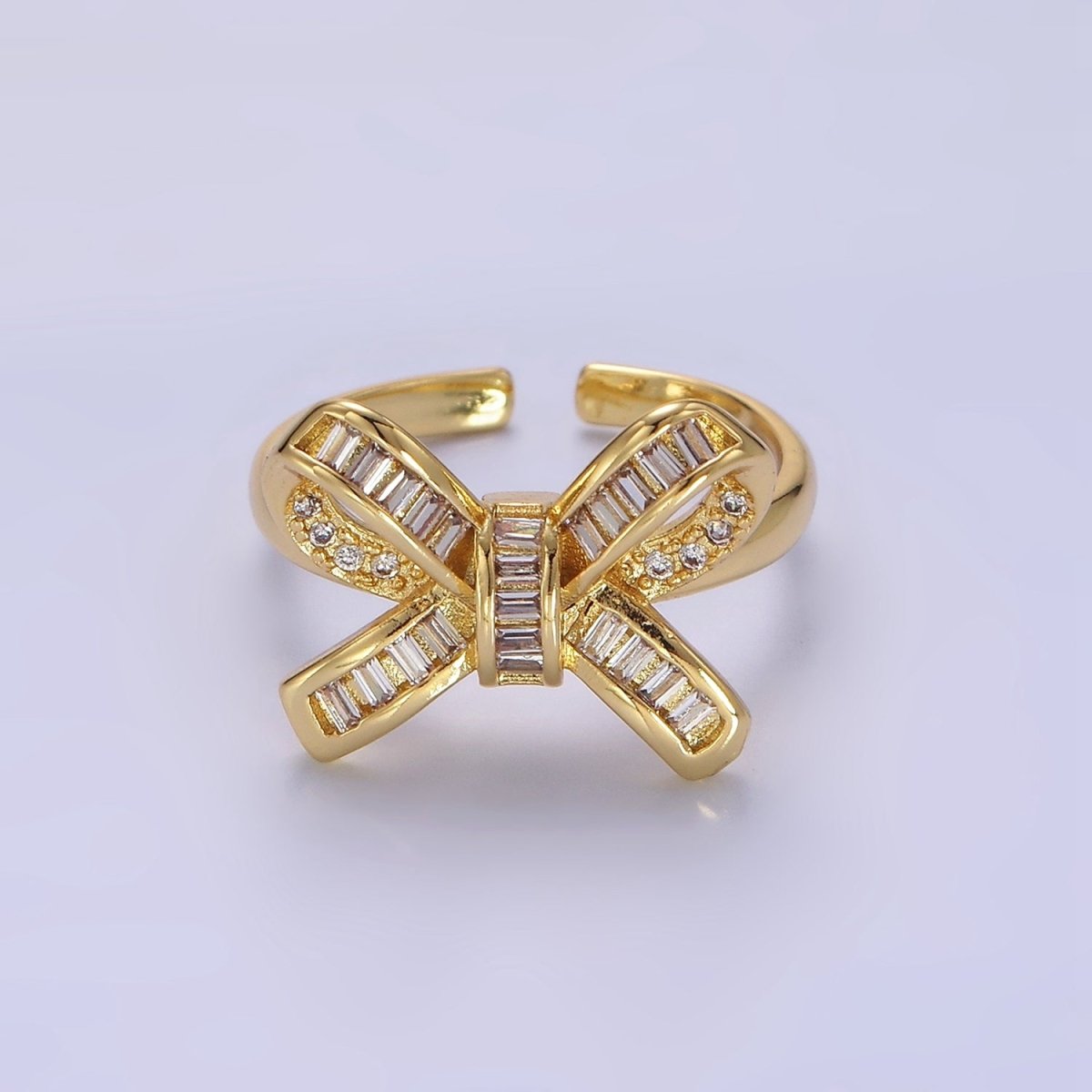 14K Gold Filled Baguette Micro Paved Ribbon Bow Ring | O245 - DLUXCA