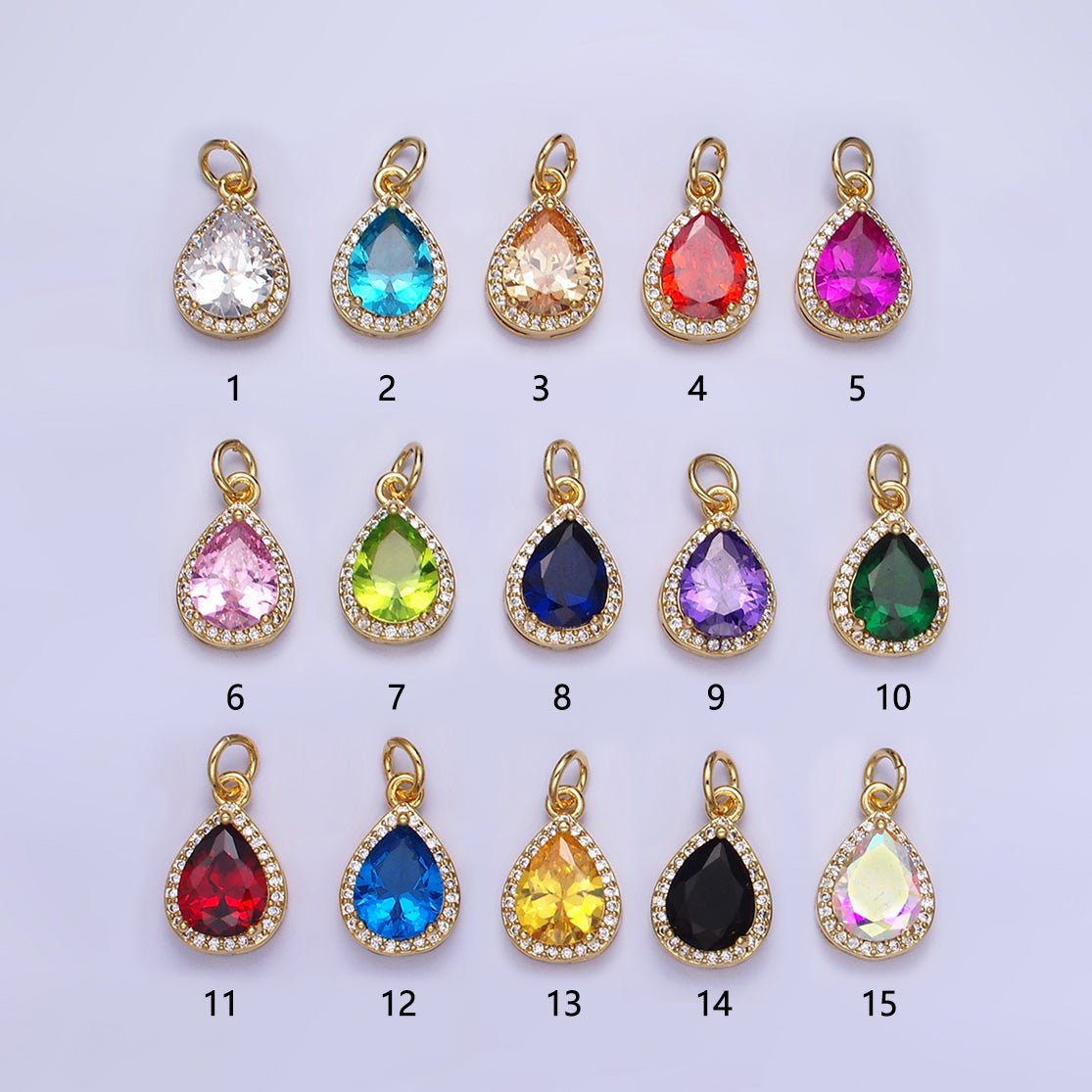 14K Gold Filled Birthstone CZ Teardrop Micro Paved Charm in Gold & Silver | W696 - W703, W751 - W757 - DLUXCA