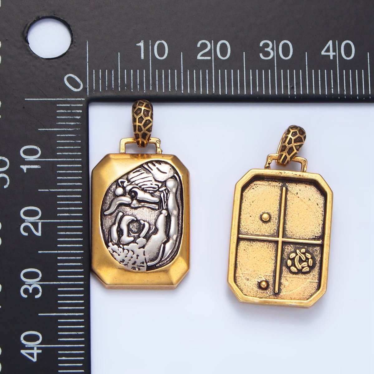 14K Gold Filled Bull Lion Animal Edged Rectangle Mixed Metal Pendant | AA125 - DLUXCA