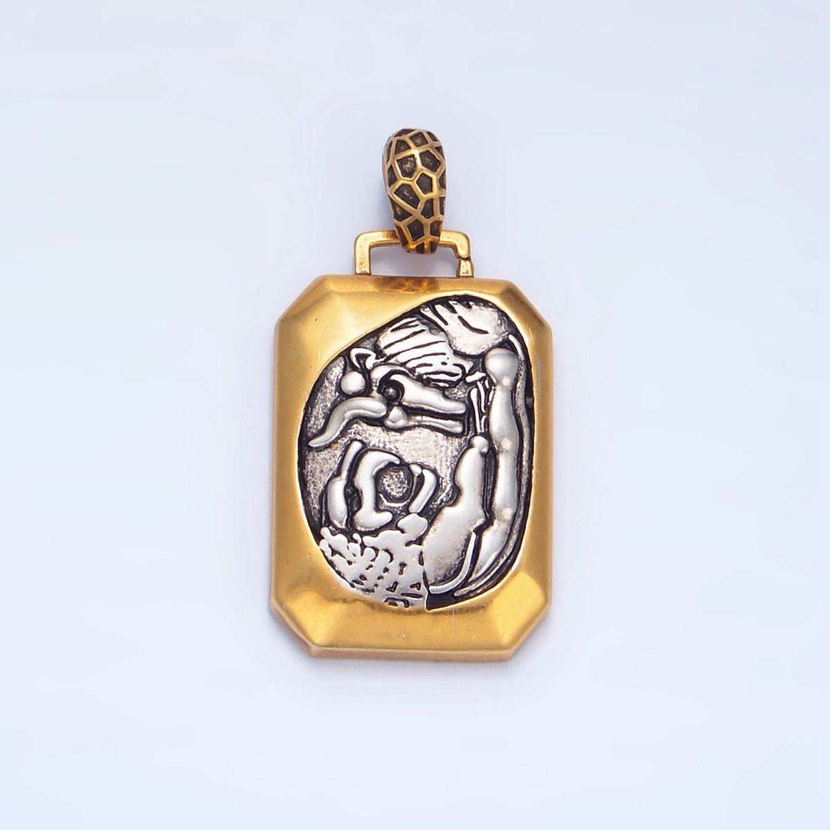 14K Gold Filled Bull Lion Animal Edged Rectangle Mixed Metal Pendant | AA125 - DLUXCA