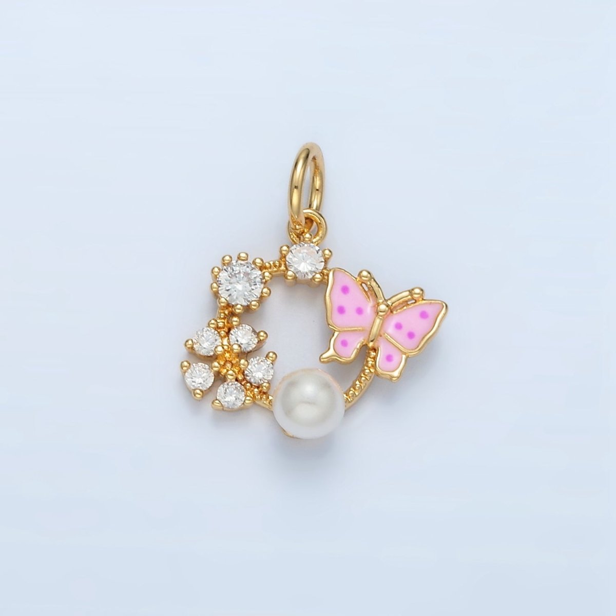 14K Gold Filled Butterfly Enamel CZ Flower Pearl Open Round Charm | AG946 - DLUXCA