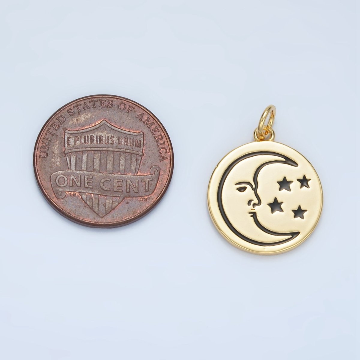 14K Gold Filled Celestial Crescent Moon Face Stars Round Charm | AG883 - DLUXCA