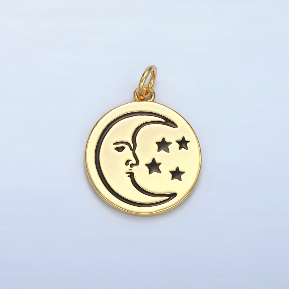 14K Gold Filled Celestial Crescent Moon Face Stars Round Charm | AG883 - DLUXCA