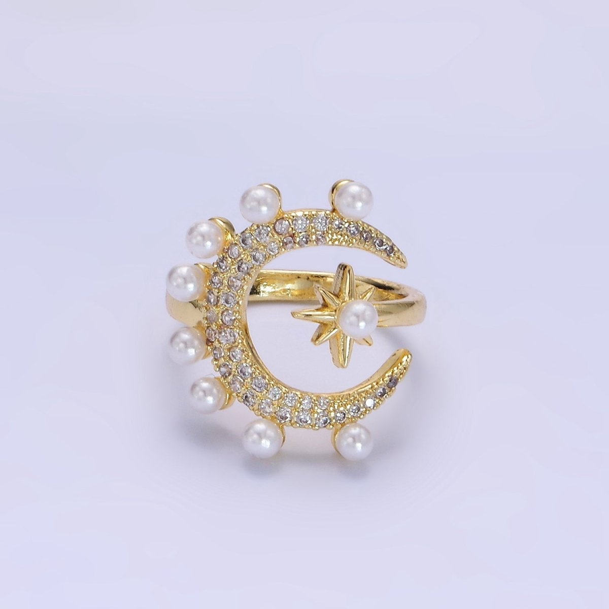 14K Gold Filled Celestial Crescent Moon Star Micro Paved CZ Pearl Ring | O095 - DLUXCA