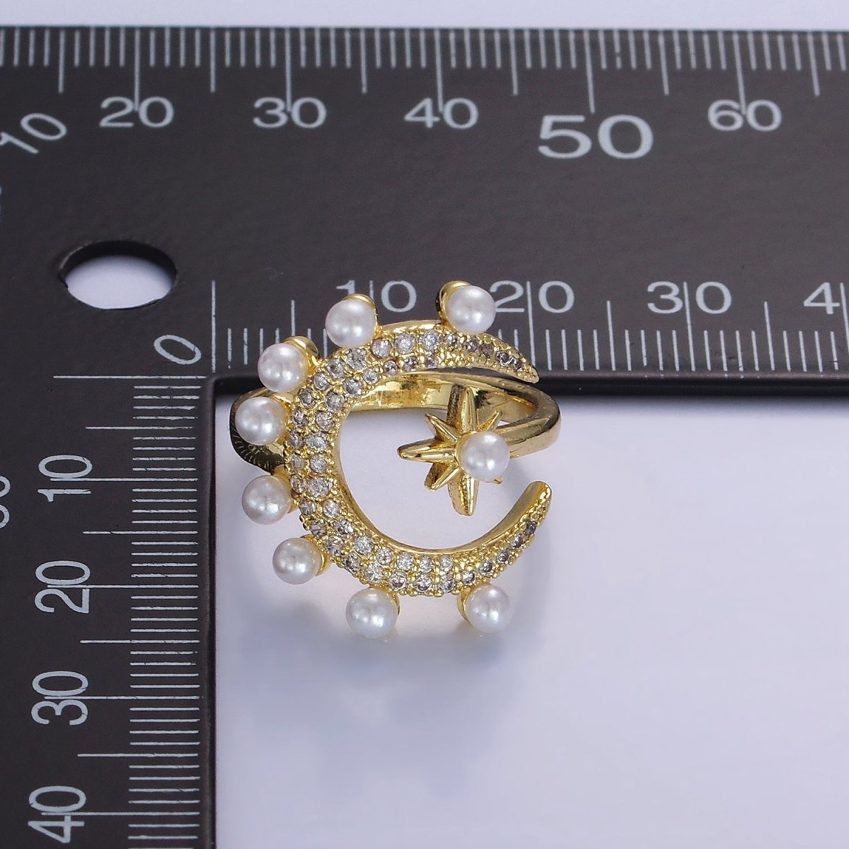 14K Gold Filled Celestial Crescent Moon Star Micro Paved CZ Pearl Ring | O095 - DLUXCA