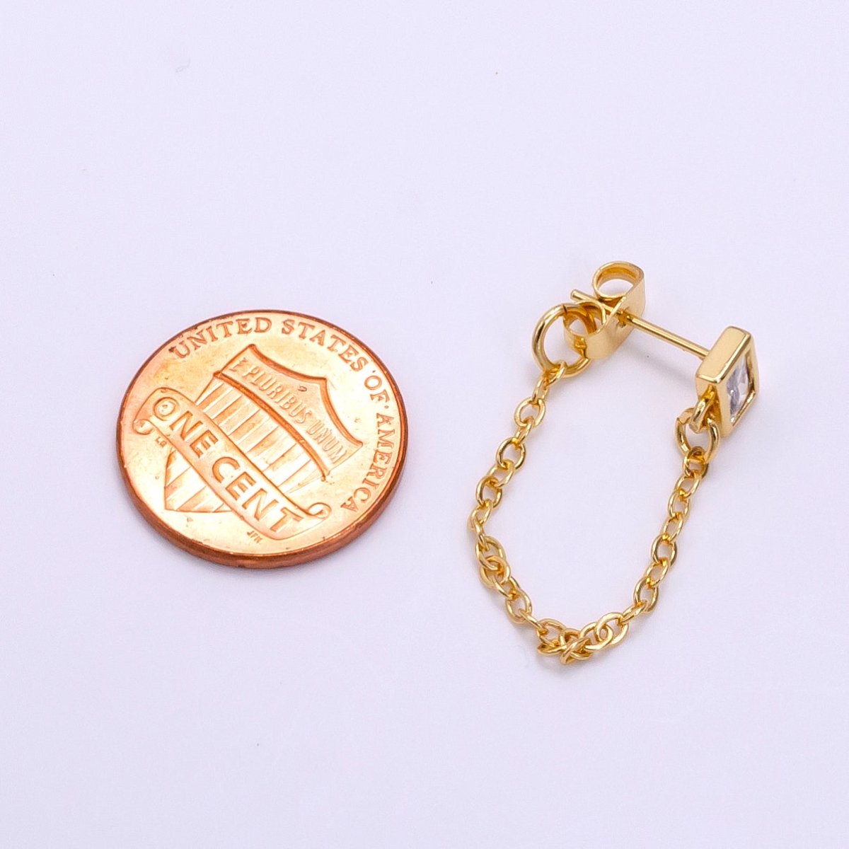 14K Gold Filled Clear Baguette CZ Cable Chain Minimalist Drop Stud Earrings - DLUXCA