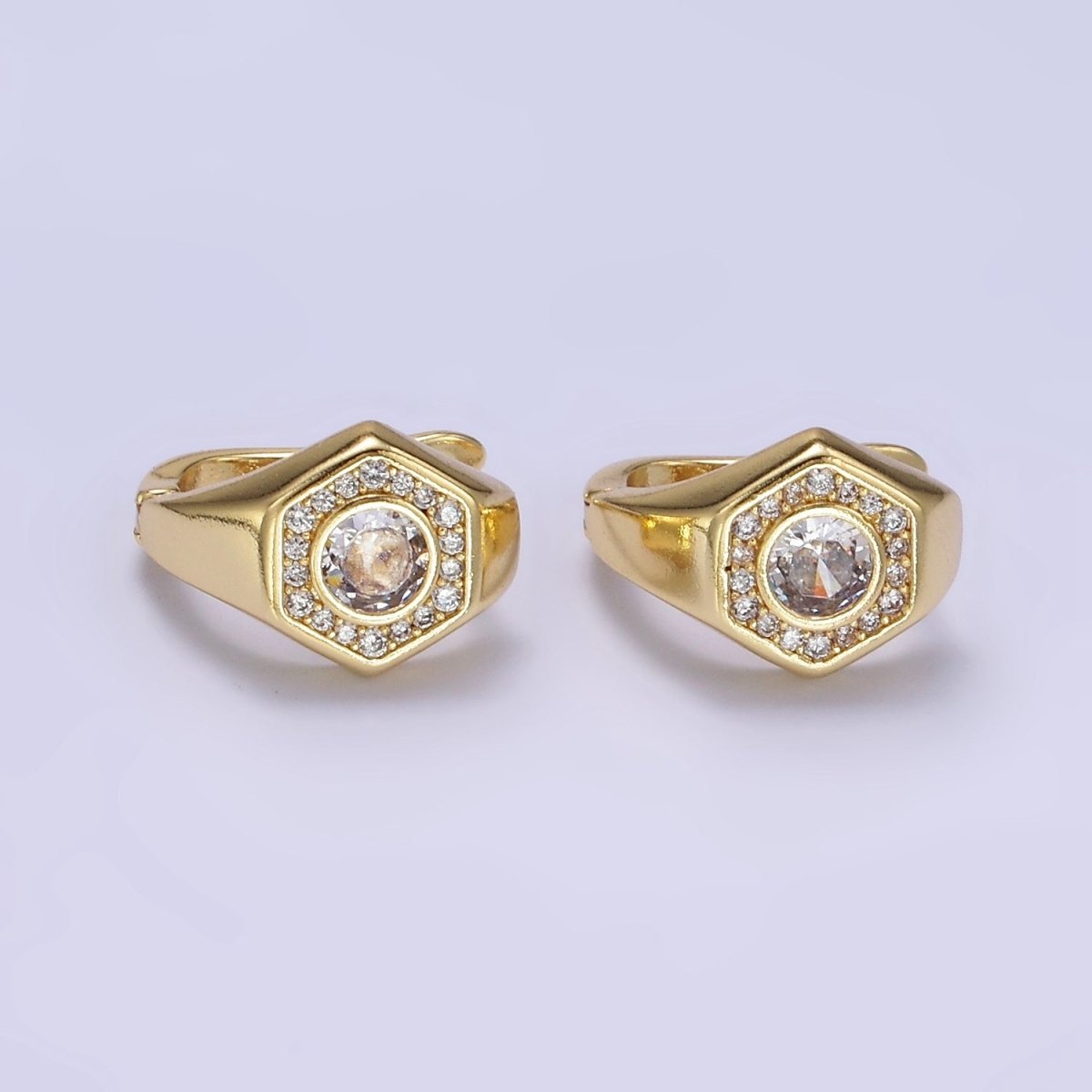 14K Gold Filled Clear, Blue CZ Micro Paved Hexagon English Lock Earrings | AB1178 AB1179 - DLUXCA