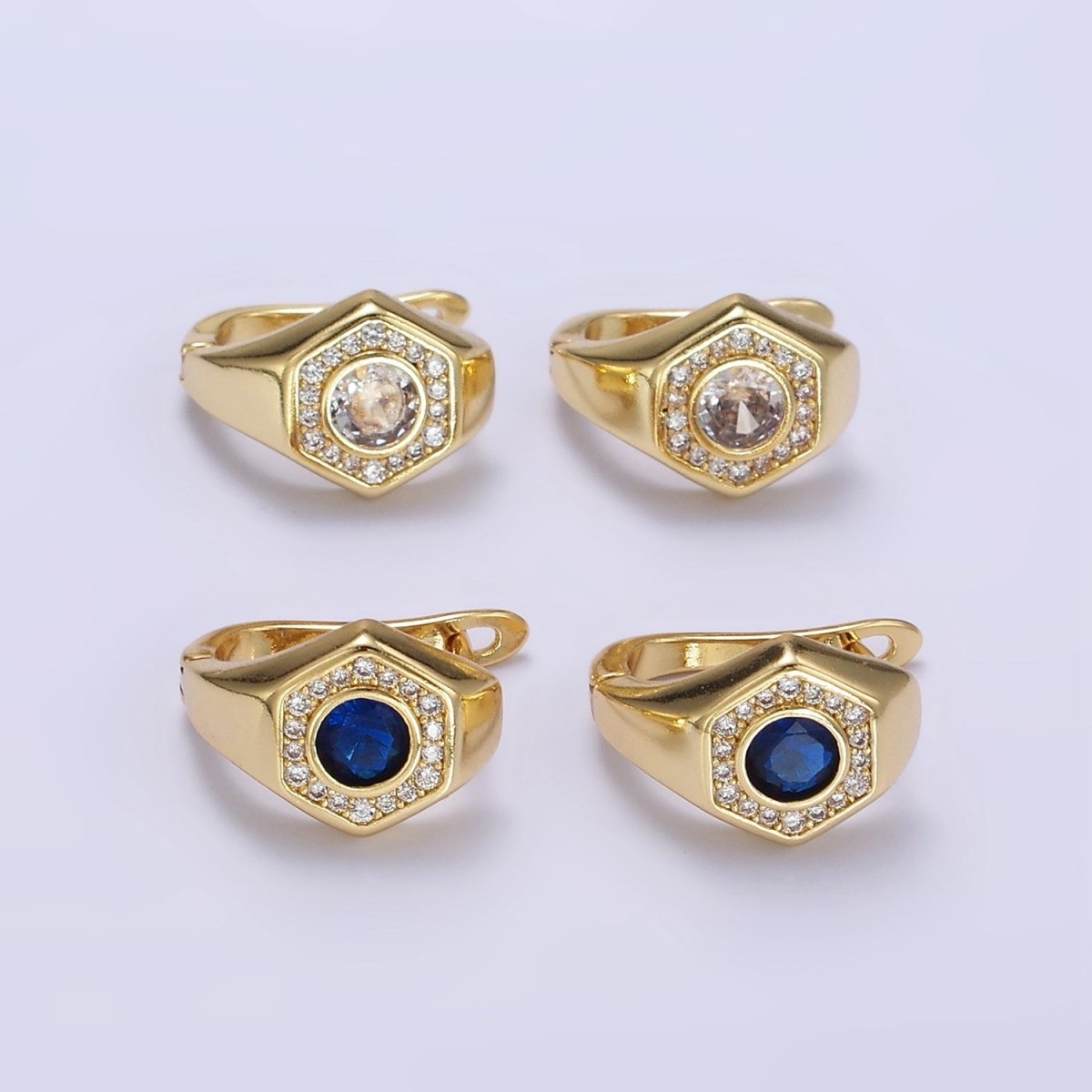 14K Gold Filled Clear, Blue CZ Micro Paved Hexagon English Lock Earrings | AB1178 AB1179 - DLUXCA