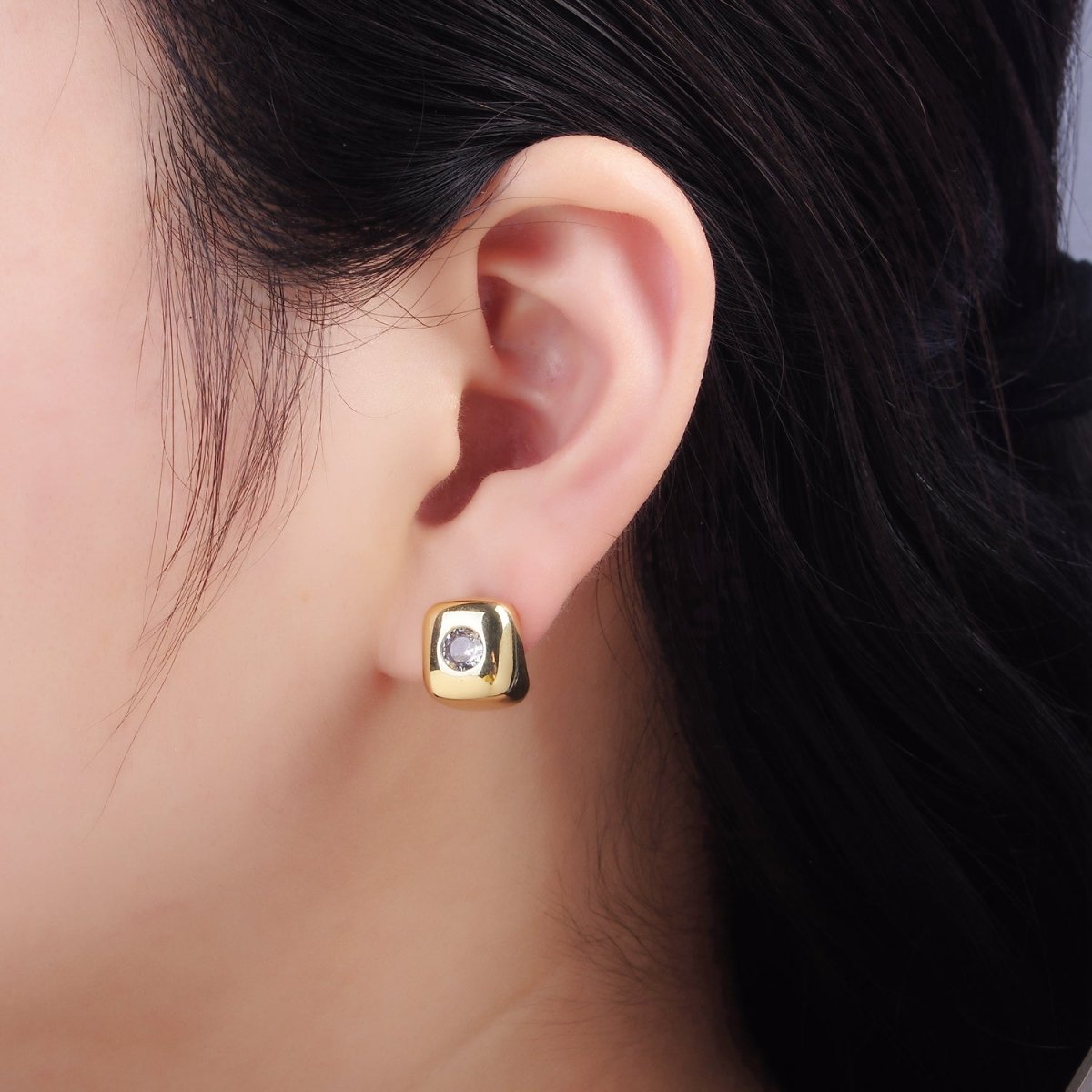 14K Gold Filled Clear CZ Cube J - Shaped Hoop Earrings | P513 - DLUXCA