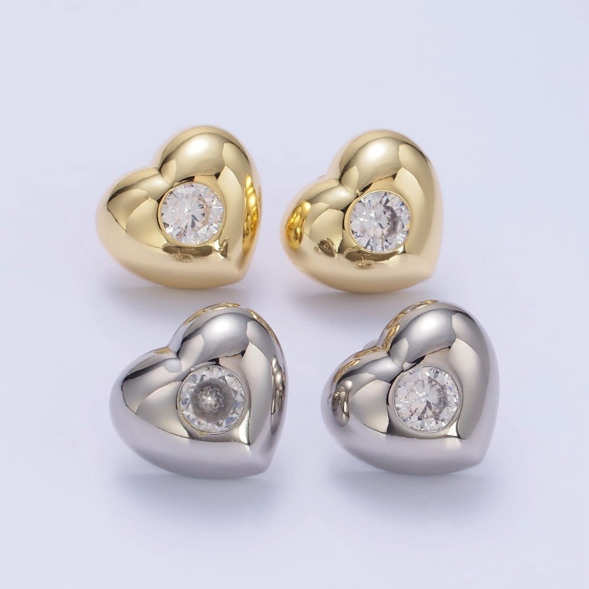 14K Gold Filled Clear CZ Heart Dome Stud Earrings in Gold & Silver | T098 - DLUXCA