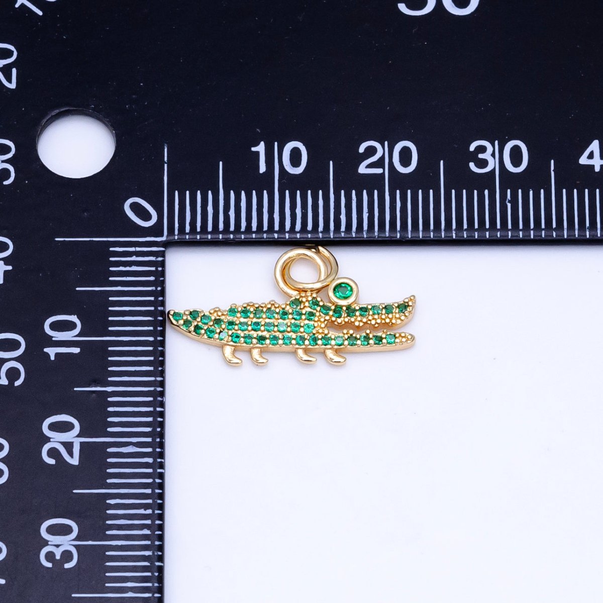 14K Gold Filled Clear. Green Micro Paved CZ Crocodile Charm | C648 - DLUXCA