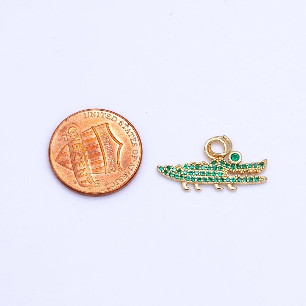 14K Gold Filled Clear. Green Micro Paved CZ Crocodile Charm | C648 - DLUXCA
