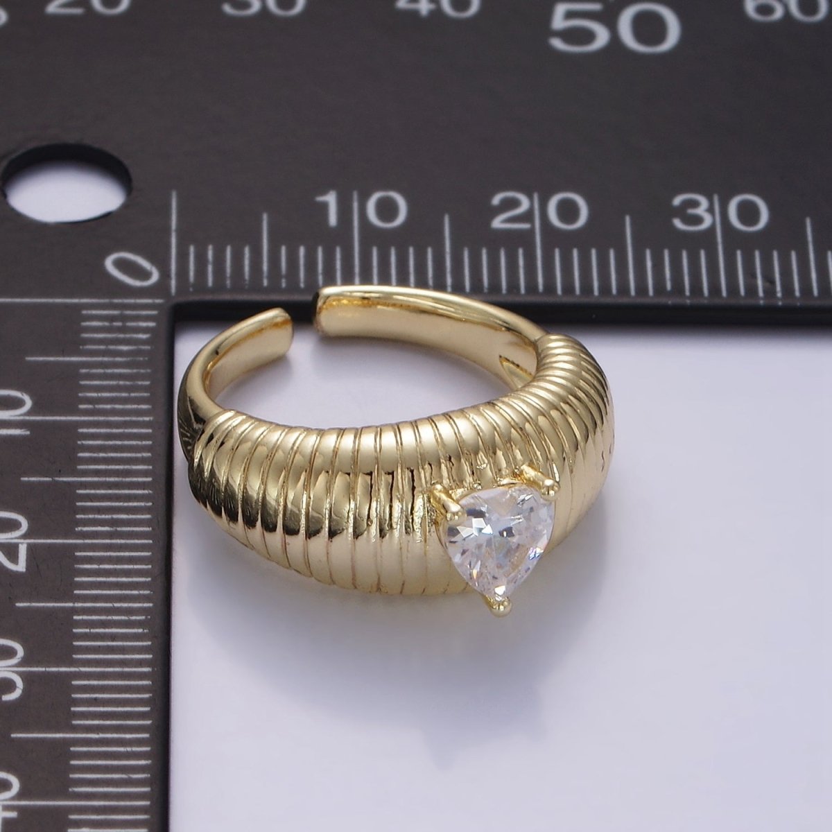 14K Gold Filled Clear Heart CZ Ribbed Chubby Signet Ring | O193 - DLUXCA