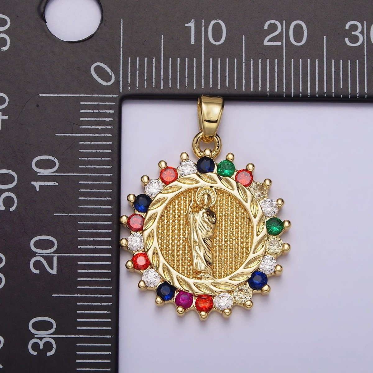 14K Gold Filled Clear, Multicolor CZ Miraculous Mary Round Pendant | AA719 - DLUXCA