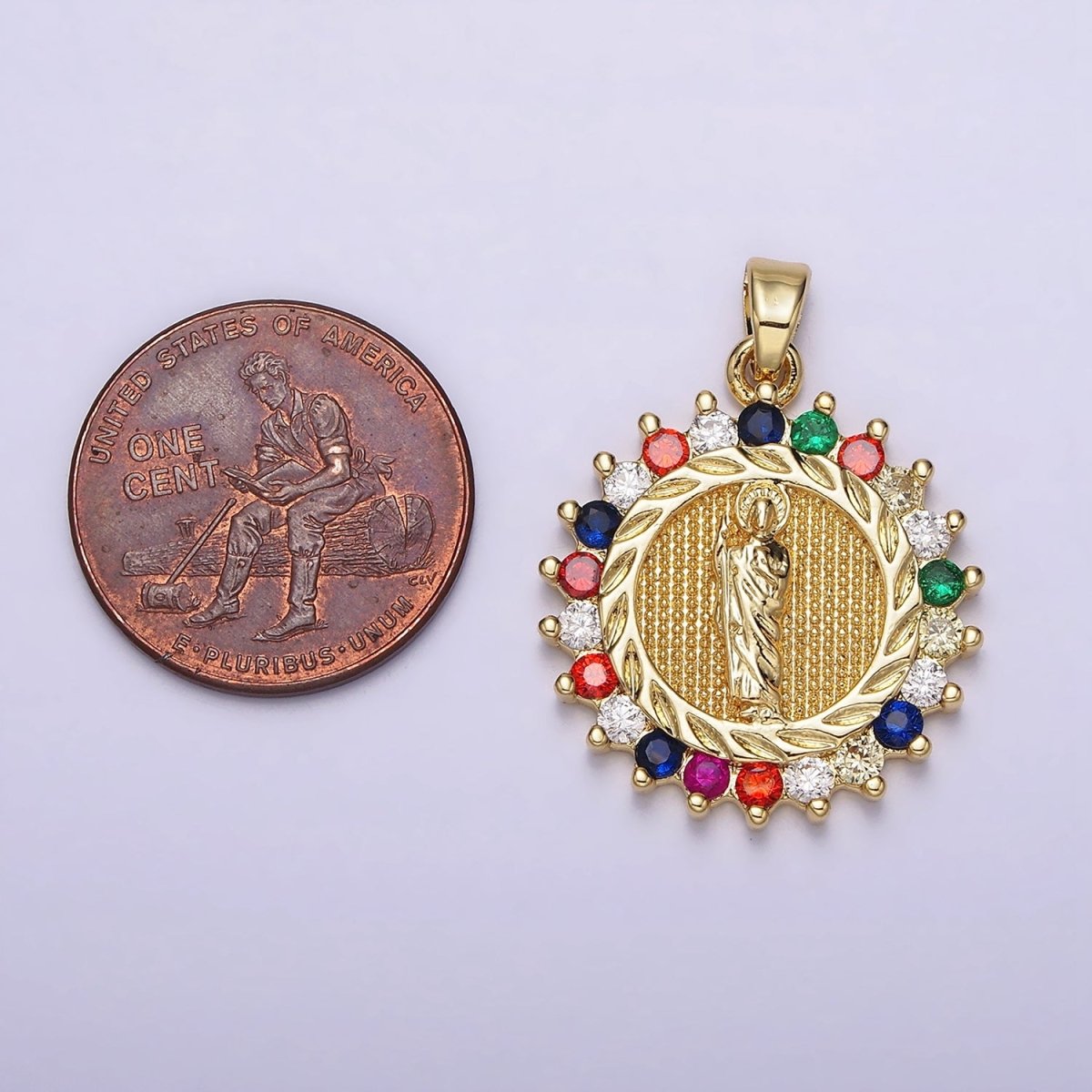 14K Gold Filled Clear, Multicolor CZ Miraculous Mary Round Pendant | AA719 - DLUXCA