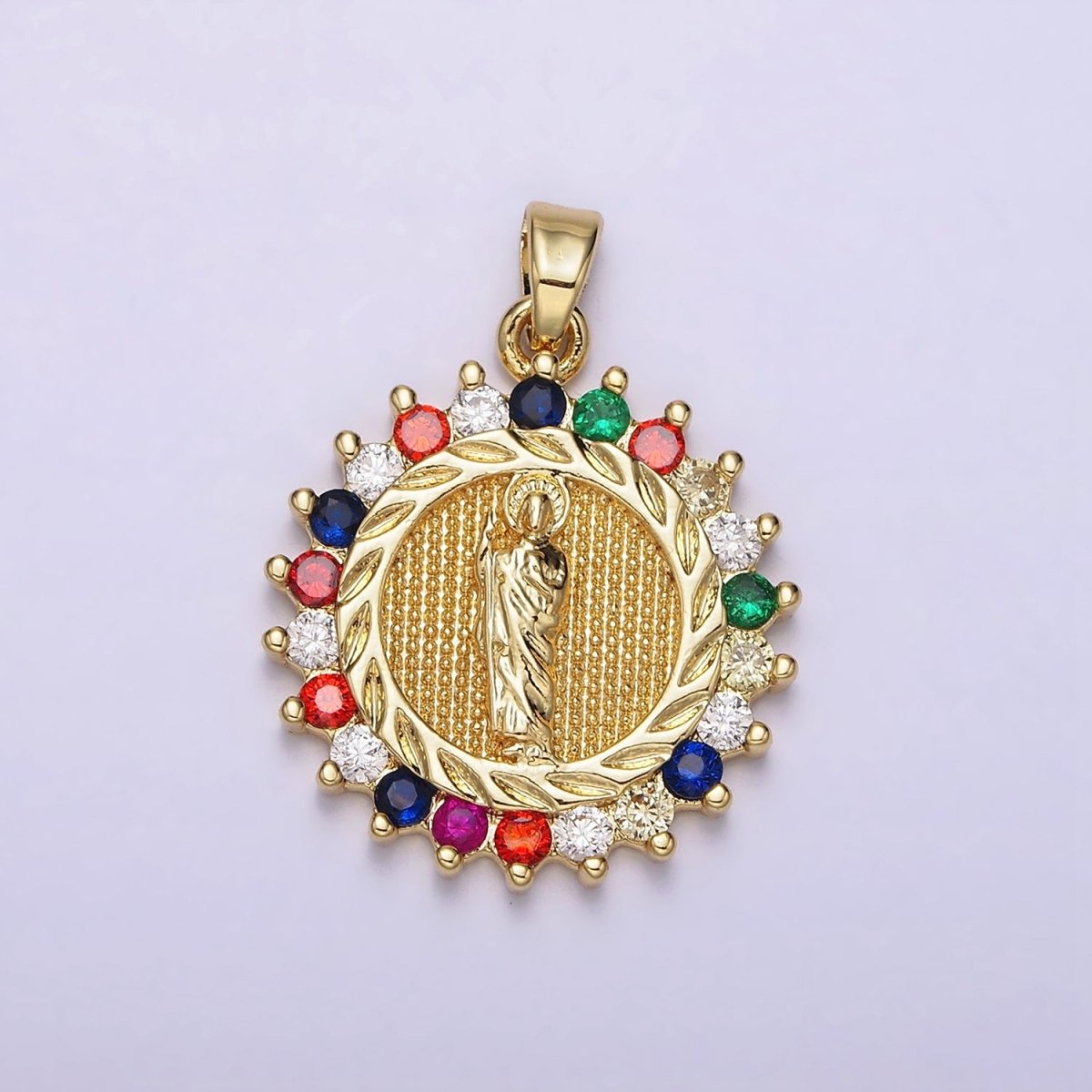 14K Gold Filled Clear, Multicolor CZ Miraculous Mary Round Pendant | AA719 - DLUXCA