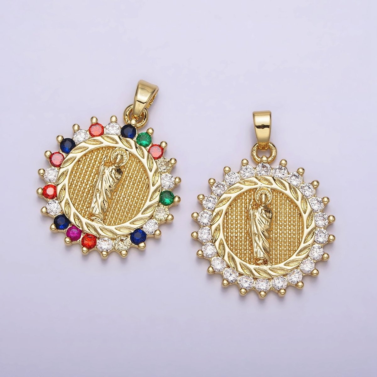 14K Gold Filled Clear, Multicolor CZ Miraculous Mary Round Pendant | AA719 - DLUXCA