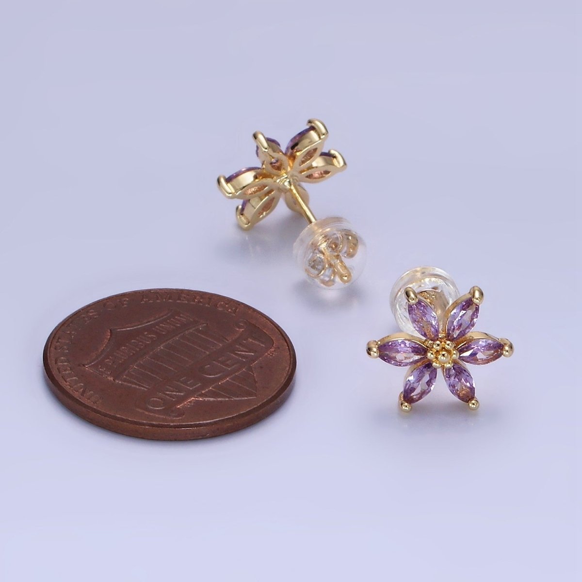 14K Gold Filled Clear, Purple, Blue CZ Marquise Petal Flower Stud Earrings | AE524 - AE526 - DLUXCA