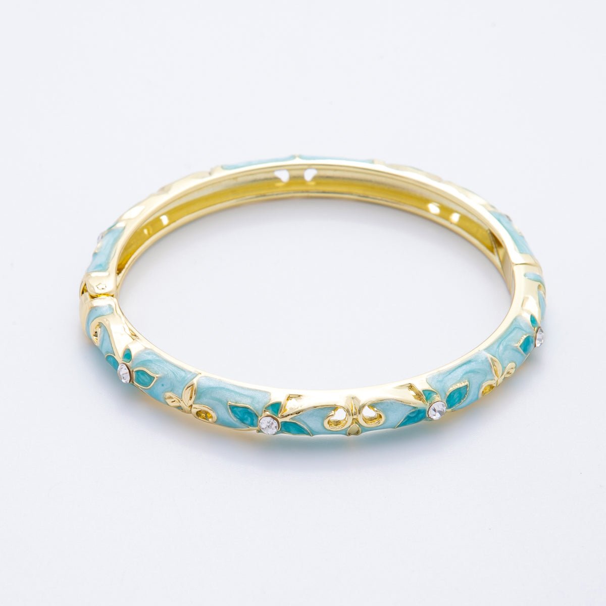 14K Gold Filled Clear Round CZ Enamel Ivy Garden Floral Open Round Bangle Bracelet in Blue, Pink, & Green | WA - A3773 - WA - A3778 - DLUXCA