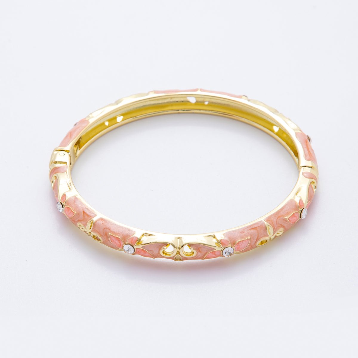 14K Gold Filled Clear Round CZ Enamel Ivy Garden Floral Open Round Bangle Bracelet in Blue, Pink, & Green | WA - A3773 - WA - A3778 - DLUXCA