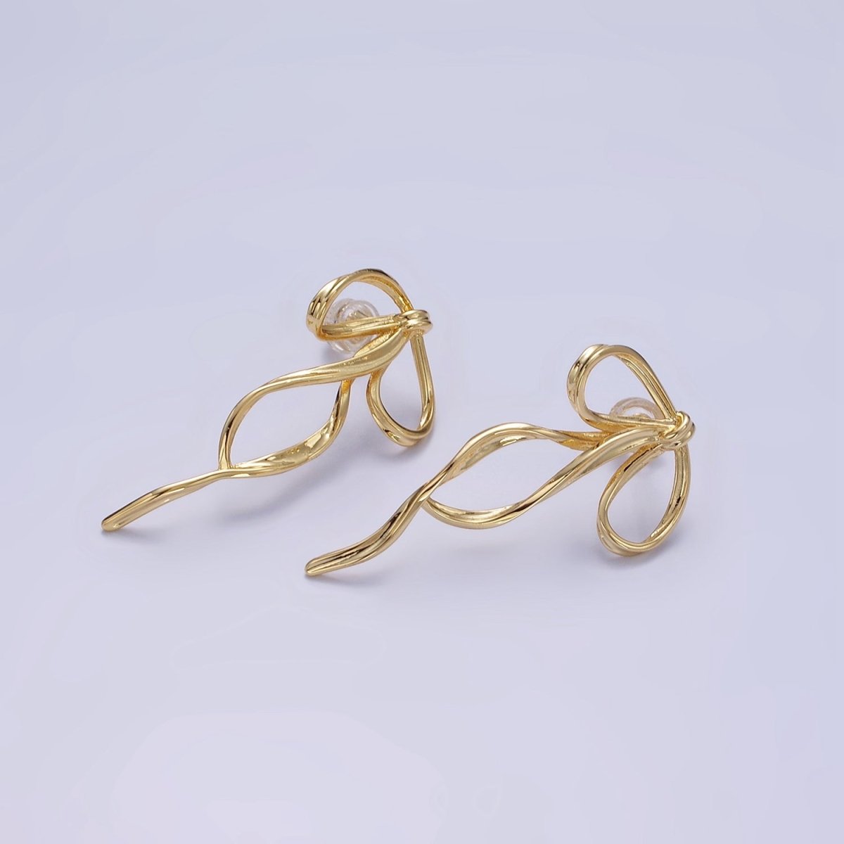 14K Gold Filled Curved Tied Ribbon Bow Stud Earrings in Gold & Silver | Q170 Q171 - DLUXCA