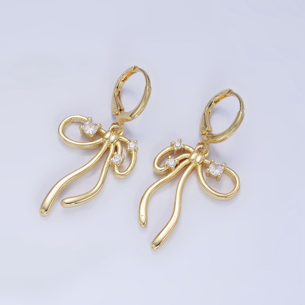 14K Gold Filled CZ Coquette Ribbon Tied Bow Drop Huggie Earrings | P044 - DLUXCA