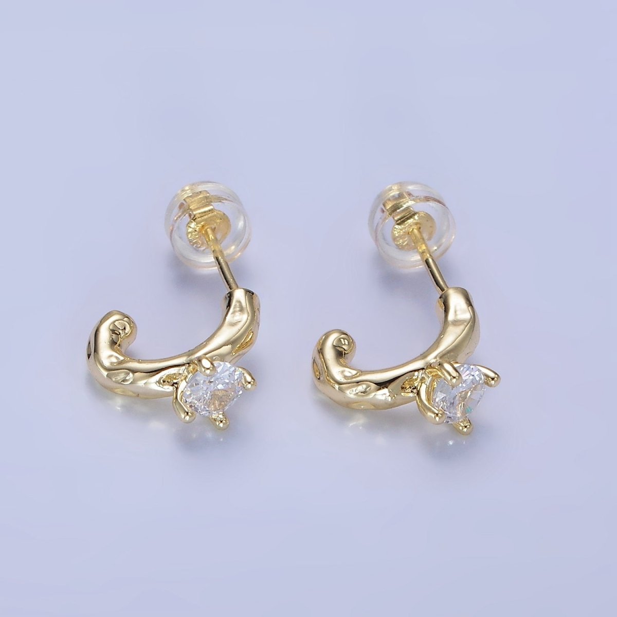 14K Gold Filled CZ Hammered C-Shaped Hoop Earrings | P485 - DLUXCA