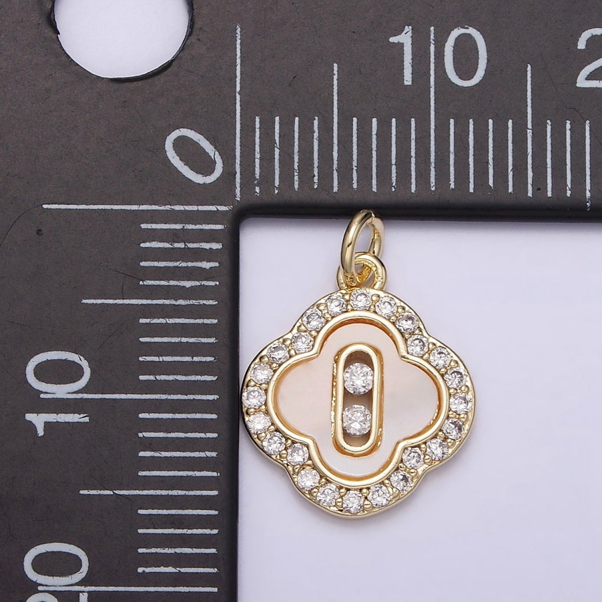 14K Gold Filled CZ Micro Paved Shell Pearl Quatrefoil Charm | AA636 - DLUXCA