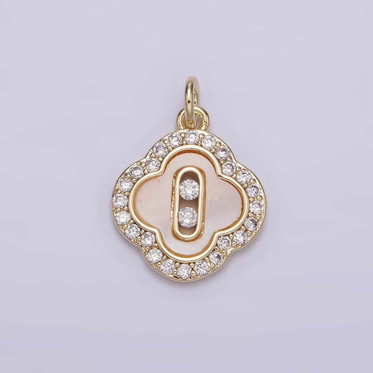 14K Gold Filled CZ Micro Paved Shell Pearl Quatrefoil Charm | AA636 - DLUXCA