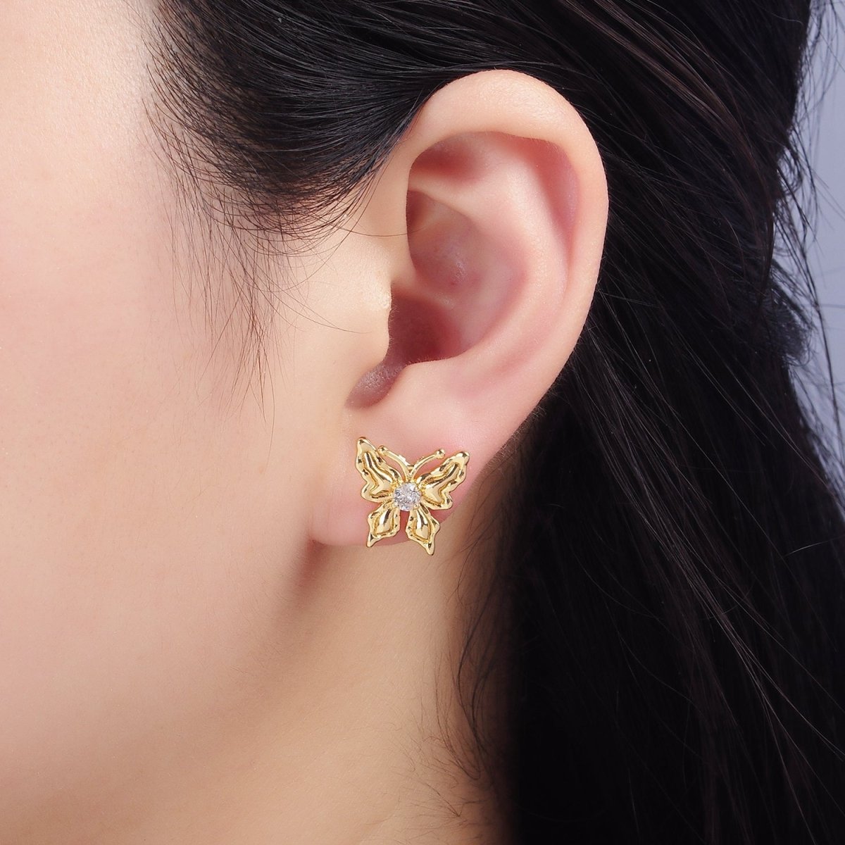 14K Gold Filled CZ Molten Butterfly Stud Earrings | Q221 - DLUXCA
